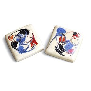 Mid-Century Individually Hand-Painted Square Shaped Artisan Earrings
